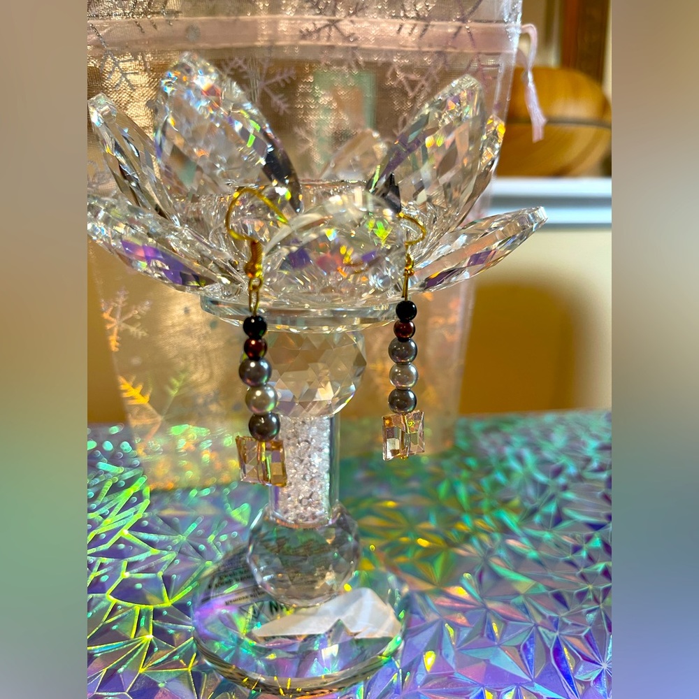 New hand made grey, silver, black and purple glass pierced earrings.